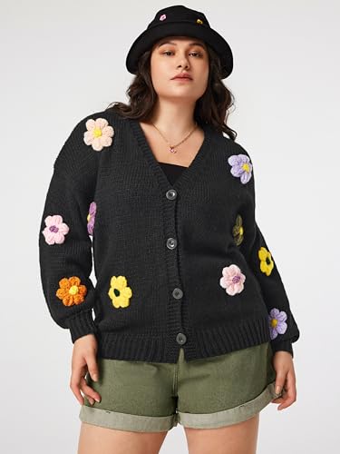 Women’s Floral Cropped Cardigan Cute Flower V Neck Button Down Trendy Sweater