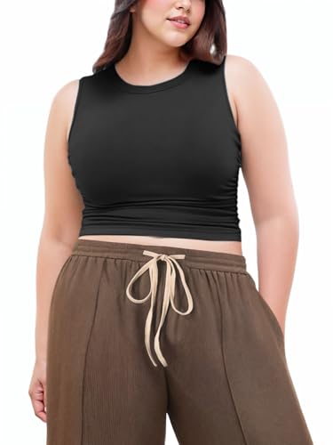 Plus Size Tops for Women Sleeveless Ruched Crew Neck Crop Tank Top Summer Casual Outfits