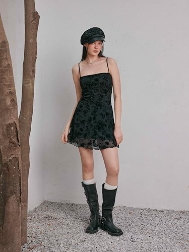 Women's Summer Mini Dress Floral Dresses Sleeveless Lace Mesh Square Neck Spaghetti Strap Short Party Dresses