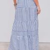 Womens Casual Dresses Strapless Tube Stripped Shirred A Line Blue Beach Vacation Midi Dress Maxi Skirts