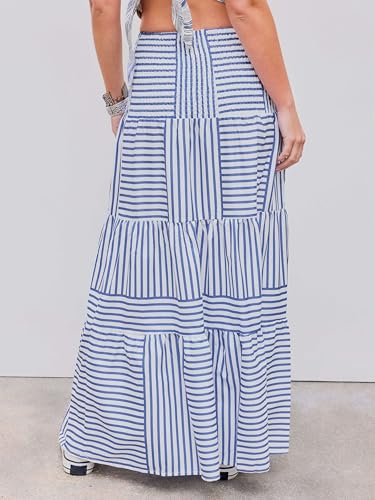 Womens Casual Dresses Strapless Tube Stripped Shirred A Line Blue Beach Vacation Midi Dress Maxi Skirts