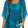 Women's Tops 3/4 Sleeve Blouses Dressy Casual Double Layers Mesh Tunic Shirts