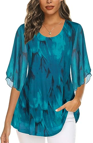 Women's Tops 3/4 Sleeve Blouses Dressy Casual Double Layers Mesh Tunic Shirts