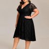 Women's Summer V Neck Short Ruffles Sleeves Lace Midi Plus Size Cocktail Party Formal Dresses