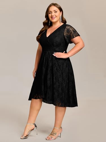 Women's Summer V Neck Short Ruffles Sleeves Lace Midi Plus Size Cocktail Party Formal Dresses