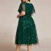 Women's V Neck Short Sleeves Embroidery Empire Waist Sequin Plus Size Midi Cocktail Wedding Guest Dresses 2230-DA