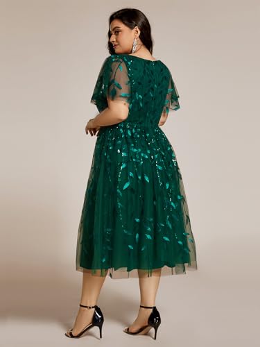 Women's V Neck Short Sleeves Embroidery Empire Waist Sequin Plus Size Midi Cocktail Wedding Guest Dresses 2230-DA