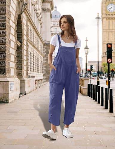 Women Cotton Overalls Casual Loose Adjustable Straps Bib Pants Tulip Hem Baggy Jumpsuits with Pockets PZJ
