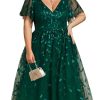 Women's V Neck Short Sleeves Embroidery Empire Waist Sequin Plus Size Midi Cocktail Wedding Guest Dresses 2230-DA