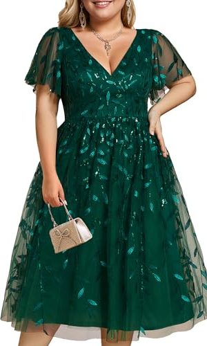 Women's V Neck Short Sleeves Embroidery Empire Waist Sequin Plus Size Midi Cocktail Wedding Guest Dresses 2230-DA