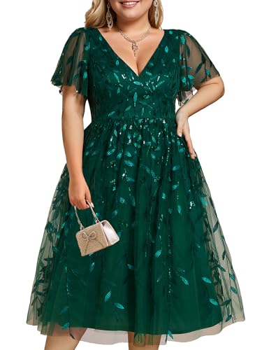 Women's V Neck Short Sleeves Embroidery Empire Waist Sequin Plus Size Midi Cocktail Wedding Guest Dresses 2230-DA