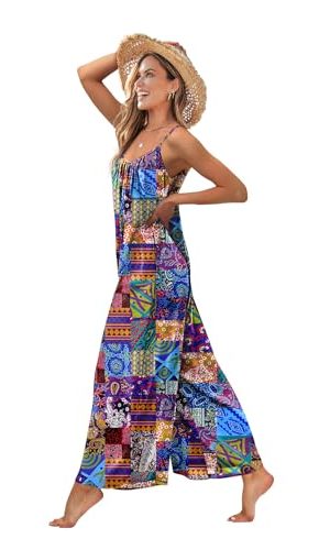 Casual Wide Leg Jumpsuits for Women Boho Floral Pleated Wide Leg Overalls Rompers Vacation Outfits with Pockets PIA