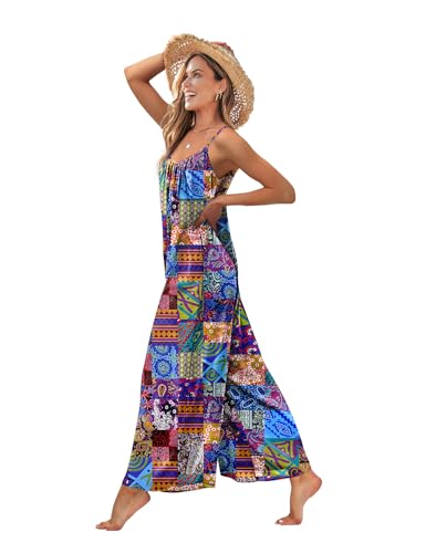 Casual Wide Leg Jumpsuits for Women Boho Floral Pleated Wide Leg Overalls Rompers Vacation Outfits with Pockets PIA