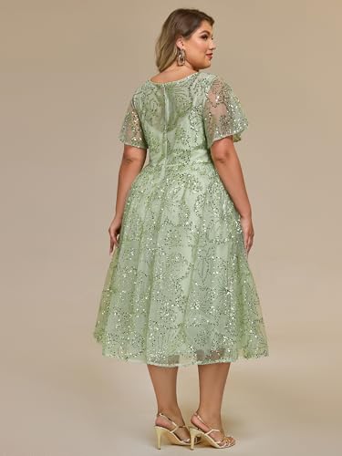 Women's Gorgeous Round Neck A-Line Short Sleeves Midi Sequin Plus Size Formal Wedding Guest Dresses