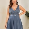 Women's V Neck Sleeveless Asymmetric Hem Lace Chiffon Short Summer Plus Size Wedding Guest Dresses
