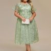 Women's Gorgeous Round Neck A-Line Short Sleeves Midi Sequin Plus Size Formal Wedding Guest Dresses