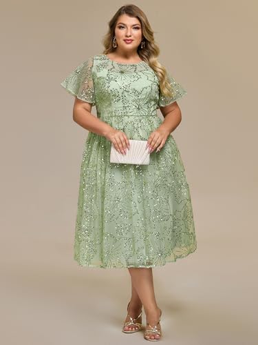 Women's Gorgeous Round Neck A-Line Short Sleeves Midi Sequin Plus Size Formal Wedding Guest Dresses