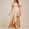 Women's V Neck Satin Short Sleeves Ruffle Hi-Lo Midi Bridesmaid Dress 02336