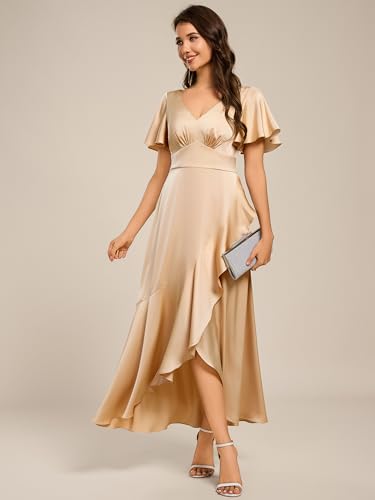 Women's V Neck Satin Short Sleeves Ruffle Hi-Lo Midi Bridesmaid Dress 02336