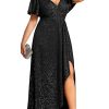 Women's Glitter Stretchy V Neck A-line High Low Plus Size Formal Dresses with Ruffles Sleeves 01738-PH