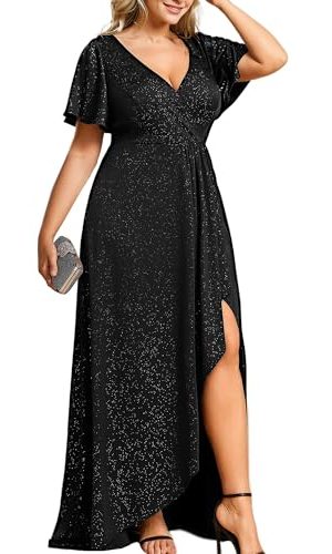 Women's Glitter Stretchy V Neck A-line High Low Plus Size Formal Dresses with Ruffles Sleeves 01738-PH