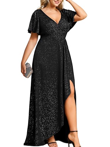 Women's Glitter Stretchy V Neck A-line High Low Plus Size Formal Dresses with Ruffles Sleeves 01738-PH