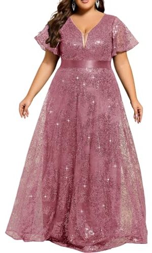 Women's V Neck Embroidered Sequin A Line Ruffles Sleeves Plus Size Evening Dresses Ball Gowns 02314-DA