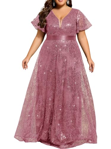 Women's V Neck Embroidered Sequin A Line Ruffles Sleeves Plus Size Evening Dresses Ball Gowns 02314-DA