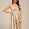 Women's Satin Sequin Appliques A Line Midi Length Wedding Guest Dress with Pockets 02341