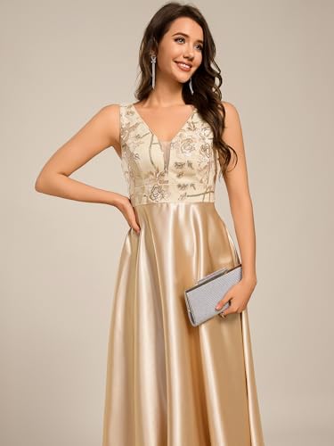 Women's Satin Sequin Appliques A Line Midi Length Wedding Guest Dress with Pockets 02341