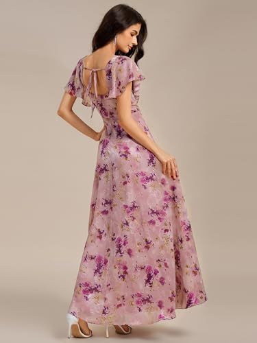 Women's Square Neck Short Sleeves Split Chiffon Floor Length A-Line Maxi Formal Dress 02409