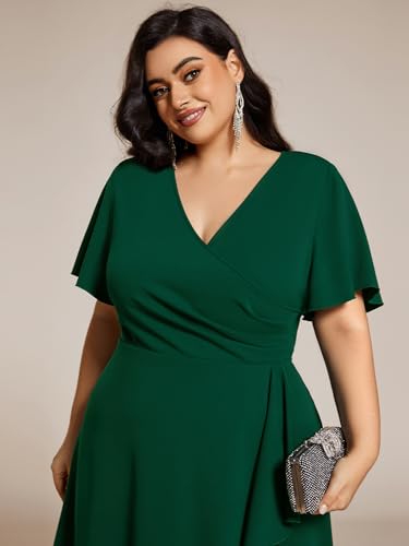 Women's V Neck Pleated Ruffles Sleeves High Low Plus Size Cocktail Dresses 02327-DA