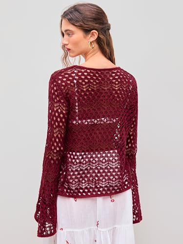 Womens Cardigans Hollow Out Crochet Bell Long Sleeve Tie Front Cover Ups Vacation Outfits