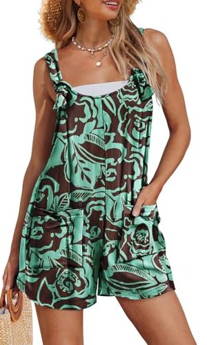 Women's Summer Casual Rompers Boho Floral Short Overalls Adjustable Tie Knot Straps Loose Jumpsuits with Pockets PHY