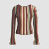 Striped Long Sleeve Shirts for Women Bell Sleeve Tops Crew Neck Color Block Trendy Casual Tops