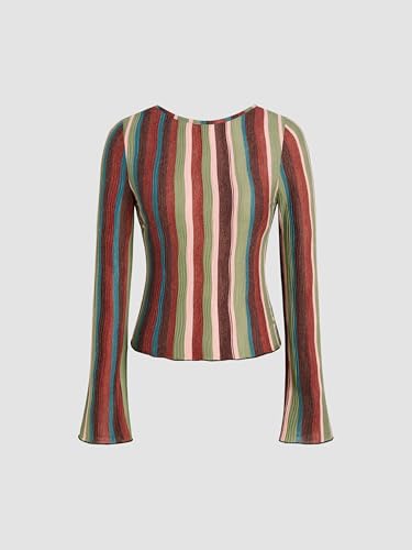 Striped Long Sleeve Shirts for Women Bell Sleeve Tops Crew Neck Color Block Trendy Casual Tops