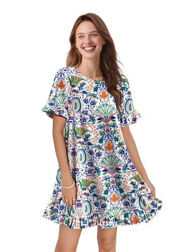 Summer Dresses for Women 2025 Floral Boho Ruffle Short Sleeve Sundresses Casual Shift Dress ESA