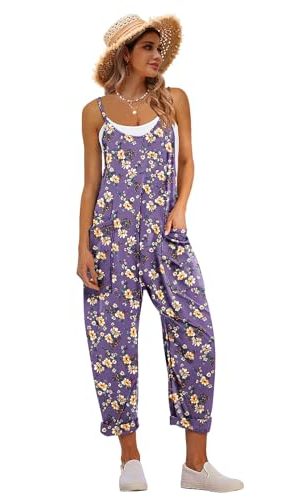 Women's Casual Floral Jumpsuits Spaghetti Straps Sleeveless Boho Summer Loose Harem Overalls Rompers with Pockets PZU
