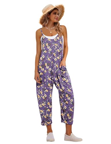 Women's Casual Floral Jumpsuits Spaghetti Straps Sleeveless Boho Summer Loose Harem Overalls Rompers with Pockets PZU