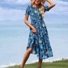 Women's Summer Causal Puff Short Sleeve Smocked Dress Elastic Waist Tiered Midi Dress with Pockets EP2