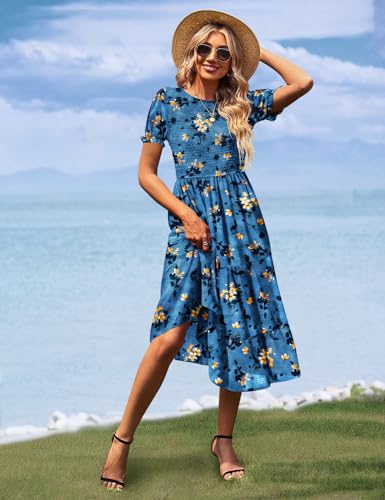 Women's Summer Causal Puff Short Sleeve Smocked Dress Elastic Waist Tiered Midi Dress with Pockets EP2