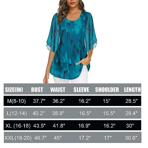 Women's Tops 3/4 Sleeve Blouses Dressy Casual Double Layers Mesh Tunic Shirts