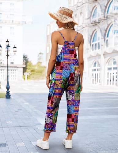 Women's Casual Floral Jumpsuits Spaghetti Straps Sleeveless Boho Summer Loose Harem Overalls Rompers with Pockets PZU