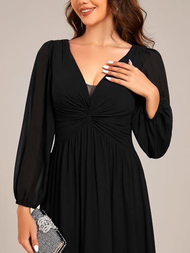 Women's V-Neck Long Sleeves A-Line Pleated Chiffon Floor Length Formal Dress 02235
