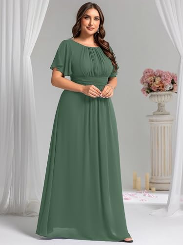 Women's Summer Round Neck A Line Pleated Chiffon Short Sleeves Plus Size Formal Gowns Bridesmaid Dresses
