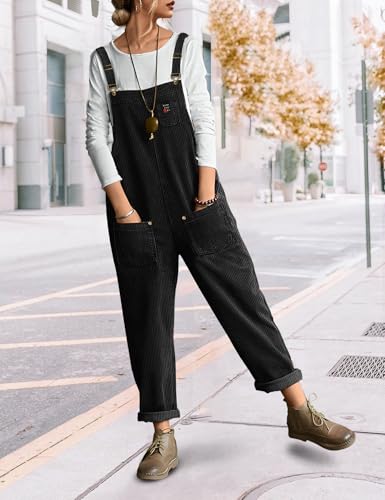 Women's Corduroy Casual Bib Overalls Loose Tapered Jumpsuits Adjustable Straps Rompers Fall Outfit with Pockets PC9