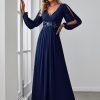 Women's V Neck Long Sleeves Floor Length Ruched Chiffon Formal Dress 00461