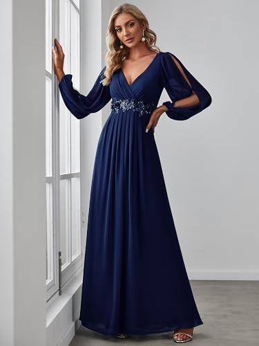 Women's V Neck Long Sleeves Floor Length Ruched Chiffon Formal Dress 00461
