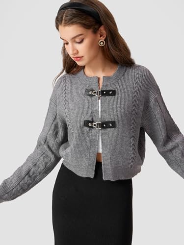 Cardigan Sweater for Women Round Neck Buckle Sweater Knitted Crop Top Long Sleeve Open Front Outerwear