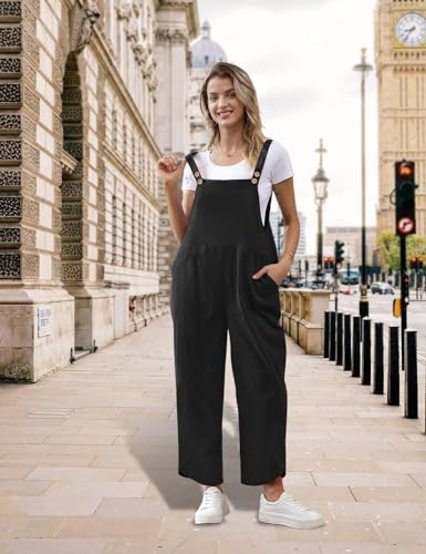 Women Cotton Overalls Casual Loose Adjustable Straps Bib Pants Tulip Hem Baggy Jumpsuits with Pockets PZJ